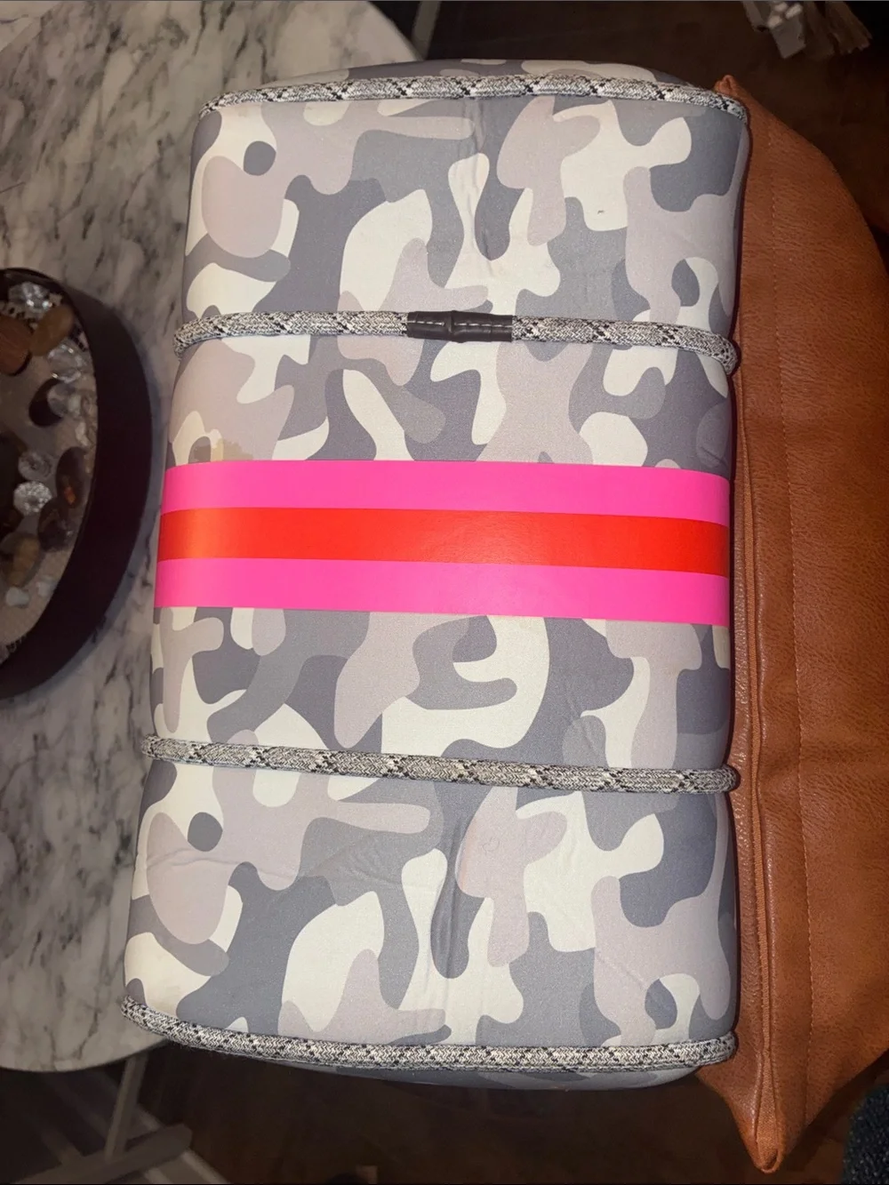 HAUTE SHORE Gray Camo Tote with Pink and Neon-Orange Stripe